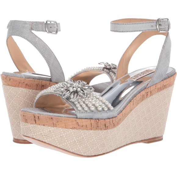 Badgley Mischka Shoes - Badgley Mischka Leane Silver Espadrille Wedge Pearls Rhinestones Sandals 7.5
